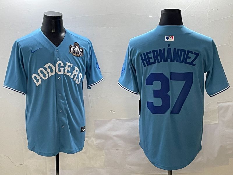 Men Los Angeles Dodgers #37 Hernandez Light Blue Joint Name 2025 Nike MLB Jersey style 5